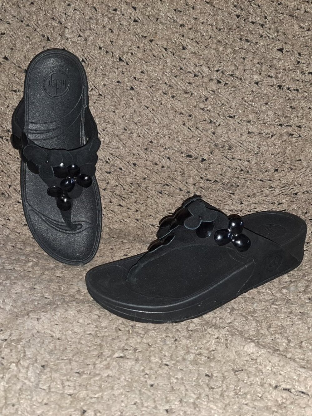 FITFLOP-Fleur Sandals-Thong-Black Suede/Microfiber-Size 9-Near Mint